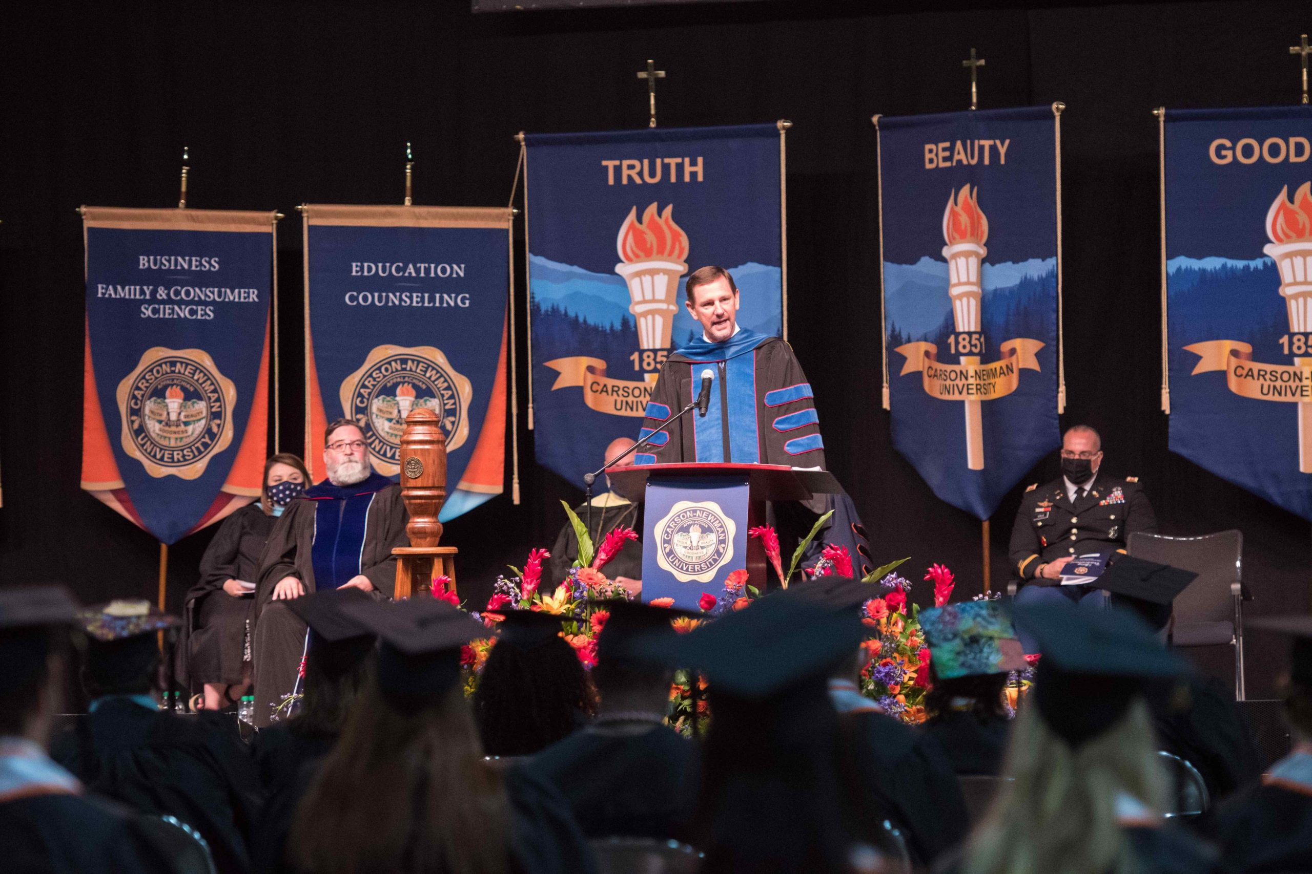 Carson-Newman University graduates hear from Dr. Paul Chitwood, president of the International Mission Board, during the May 7 Spring Commencement ceremonies at the Gatlinburg Convention Center.