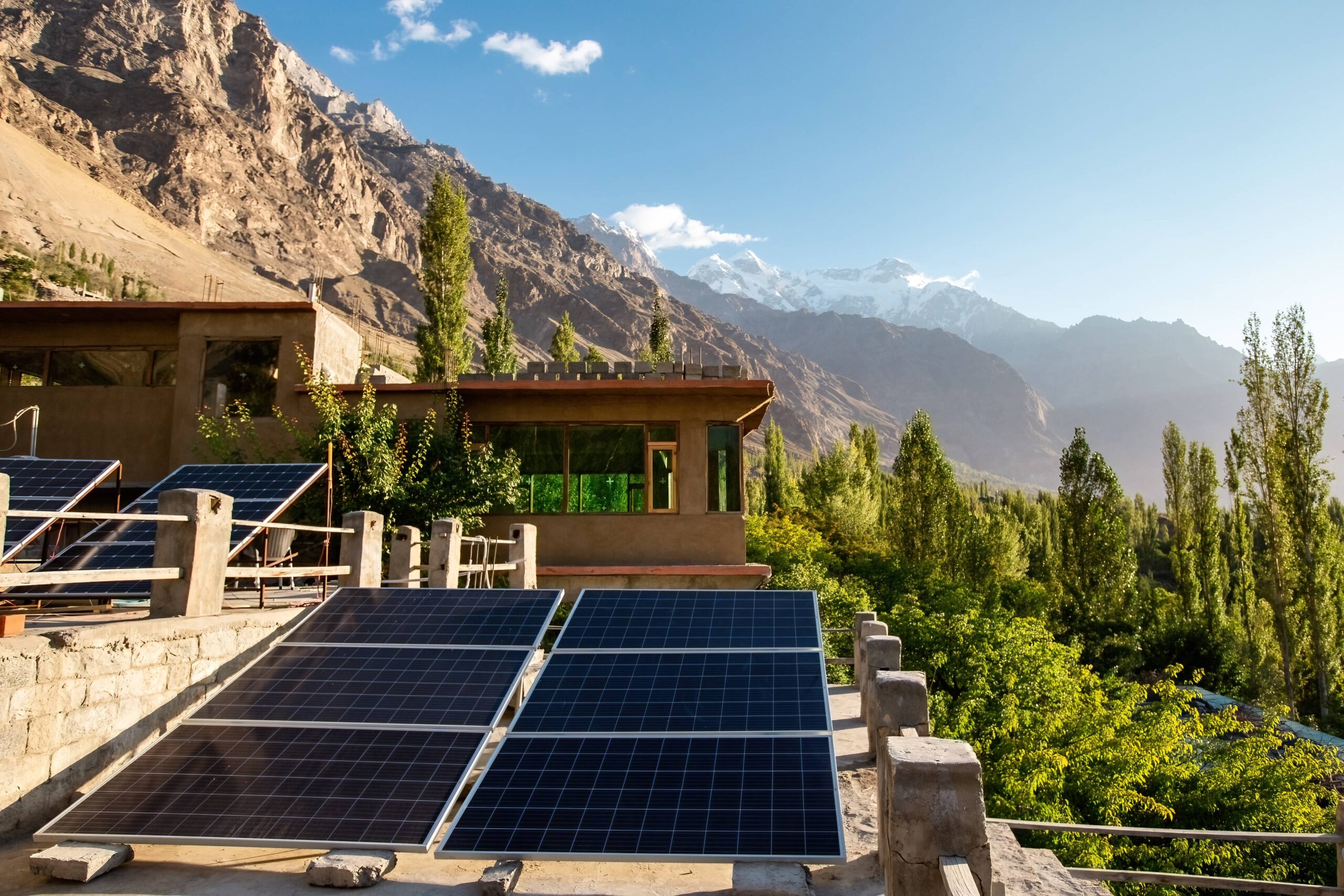 resort in the mountains with solar panels
